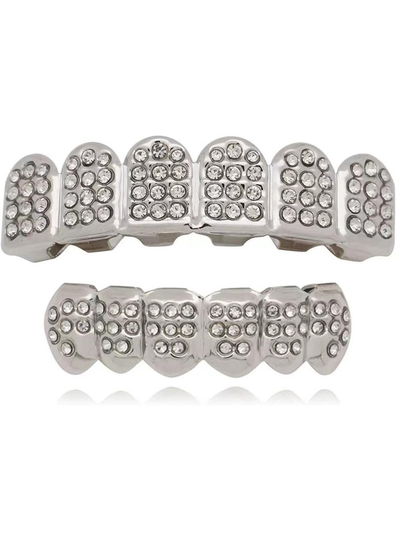 أسنان علوية وسفلية مطلية بالفضة، أغطية أسنان فضية، أطقم أسنان مزينة بالألماس على طراز الهيب هوب، أغطية أسنان علوية وسفلية للرجال والنساء، إكسسوارات أزياء مغني الراب (فضية) - Image 1